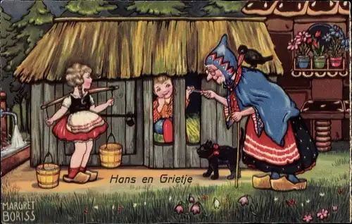 Künstler Ak Boriss, M., Hans en Grietje, Hänsel und Gretel, Hexe, Katze