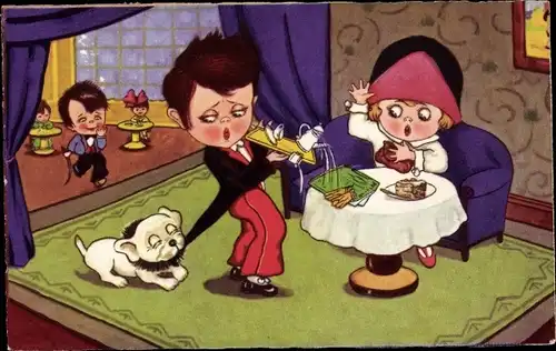 Ak Abendessen, Tollpatschiger Kellner, Hund, Dame am Tisch