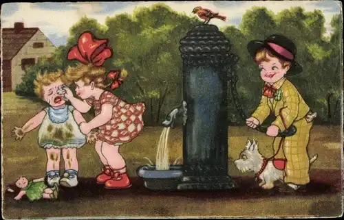 Ak Kinder am Brunnen, Wasserquelle, Weinendes Mädchen, Hund, Puppe
