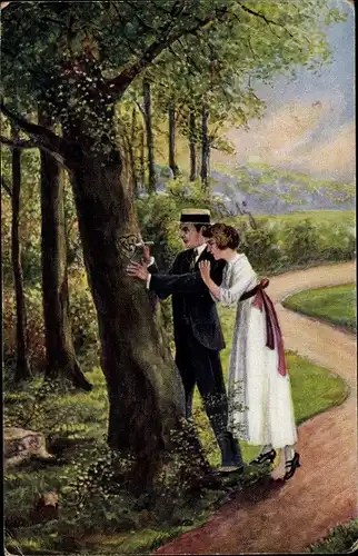 Künstler Ak Dutzauer, M., Zur Erinnerung, Liebespaar, Herz im Baum