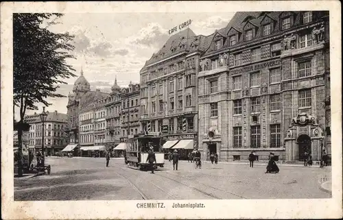 Ak Chemnitz Sachsen, Johannisplatz, Straßenahn, Cafè Corso