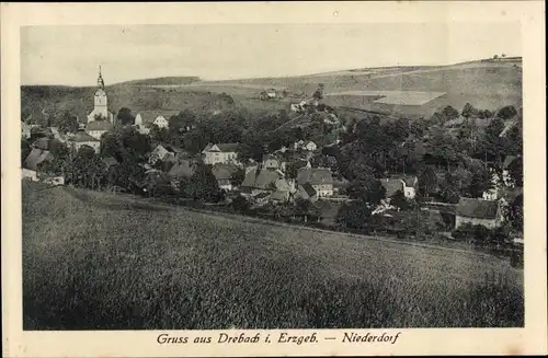 Ak Drebach Erzgebirge, Gesamtansicht der Ortschaft, Niederdorf, Kirche