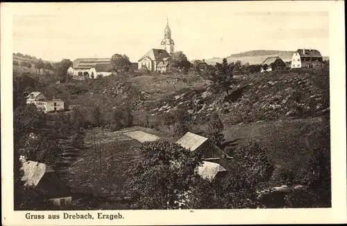 Ak Drebach im Erzgebirge, Blick auf den Ort, Kirche