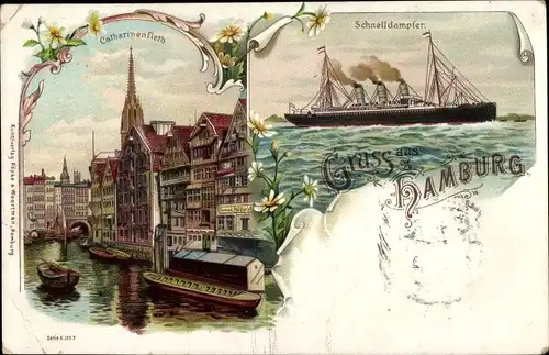 Litho Hamburg Mitte Altstadt, Catharinenfleth, Schnelldampfer, Gasthaus