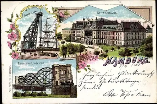 Litho Hamburg Altstadt Mitte, Riesenkrahn, Justizgebäude, Eisenbahn Elb Brücke