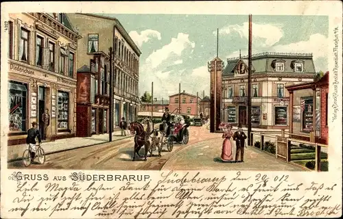 Litho Süderbrarup in Schleswig Holstein, Straßenpartie, Kutsche, Geschäfte