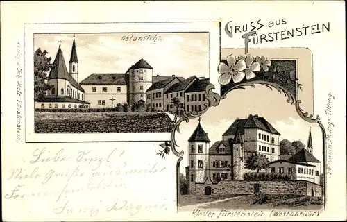 Litho Fürstenstein in Niederbayern, Ostansicht, Blick auf das Kloster