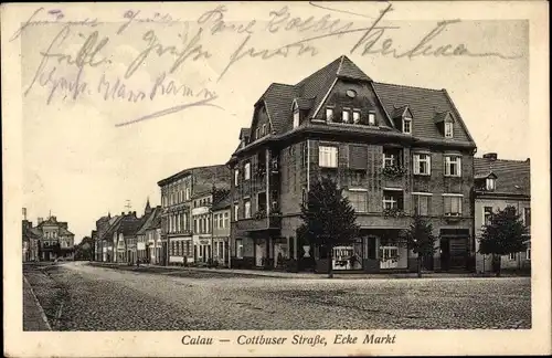 Ak Calau in der Niederlausitz, Cottbuser Straße, Ecke Markt