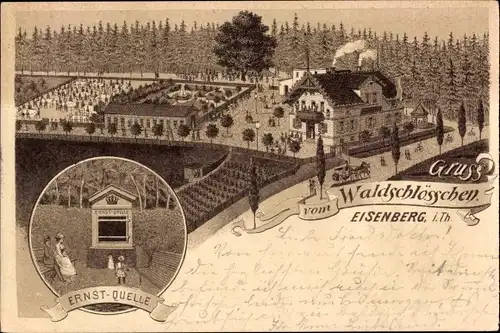 Litho Eisenberg im Saale Holzland Kreis, Gruß vom Waldschlösschen, Ernstquelle