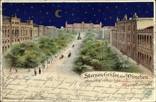 Litho München, Maximilianstraße, Sternenhimmel, Sichelmond