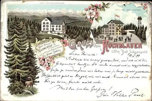 Litho Blauen Badenweiler im Schwarzwald, Hochblauen, Hotel mit Alpenpanorama, Aussichtsturm