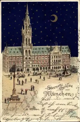 Litho München, Rathaus bei Nacht, Sternenhimmel, Mond