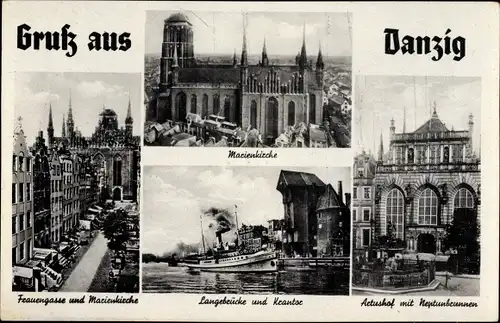 Ak Gdańsk Danzig, Marienkirche, Frauengasse, Langebrücke, Krantor, Artushof, Neptunbrunnen