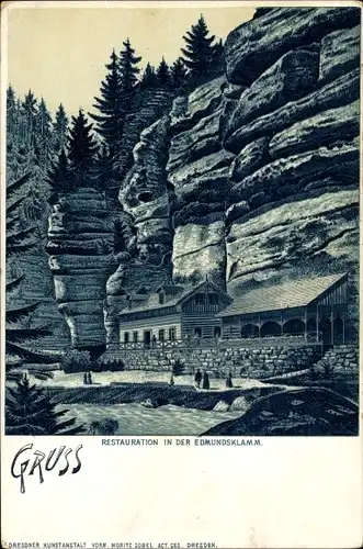 Litho Hřensko Herrnskretschen Elbe Region Aussig, Edmundsklamm, Restaurant