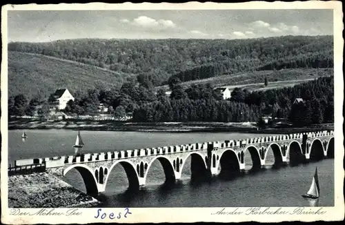 Ak Möhnesee in Westfalen, Möhnetalsperre, an der Körbecker Brücke