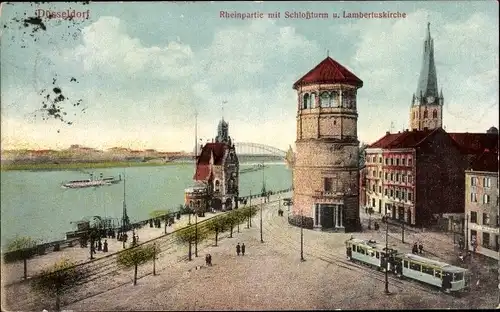 Ak Düsseldorf am Rhein, Rheinpartie mit Schloßturm u. Lambertuskirche