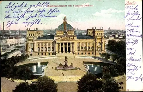 Ak Berlin Tiergarten, Reichstagsgebäude mit Bismarckdenkmal