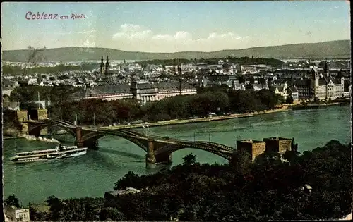 Ak Koblenz am Rhein, Gesamtansicht, mit Rheinbrücke und Schiff