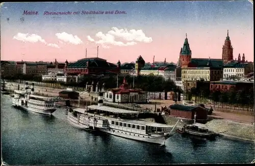 Ak Mainz am Rhein, Rheinansicht mit Stadthalle und Dom