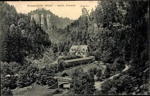 Ak Waltersdorf Bad Schandau Sächsische Schweiz, Waltersdorfer Mühle, Hockstein und Talwächter