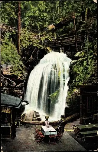 Ak Rathen an der Elbe Sächsische Schweiz, Amselfall, Wasserfall mit Biergarten