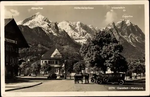 Ak Garmisch Partenkirchen Oberbayern, Marktplatz, Zugspitze, Alpspitze, Waxenstein, Höllentalspitzen