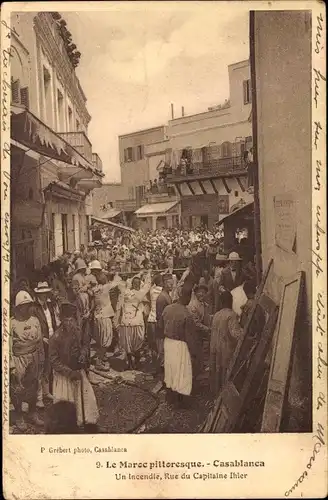 Ak Casablanca Marokko, Rue du Capitaine Ihler, Un incendie