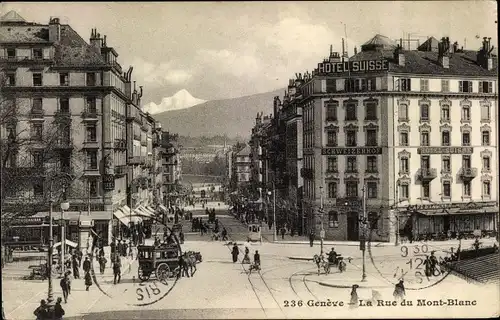 Ak Genève Genf Stadt, La Rue du Mont Blanc, Kutsche, Hotel Suisse