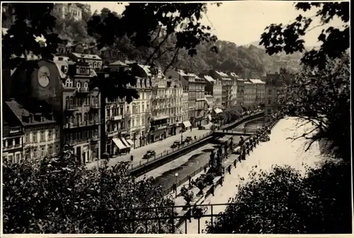 Foto Karlovy Vary Karlsbad Stadt, Blick auf Uferpromenade, Fotograf Hubl, Rüger Reklame, Foto Hubl