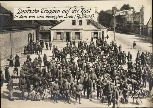 Foto Lida Weißrussland, Deutsche Truppen auf der Rast, Soldaten, Gruppenbild, Erster Weltkrieg