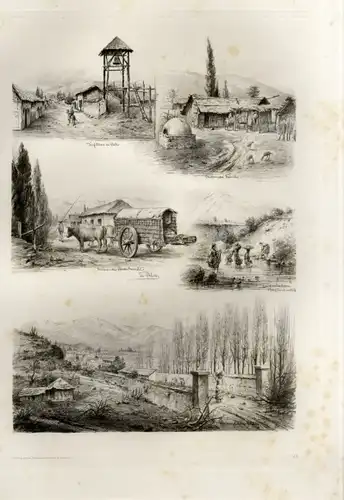 Photogravure Süd Amerika Ohlsen 1894, Dorfstraße, chilenischer Rancho, Hacienda, Landmädchen