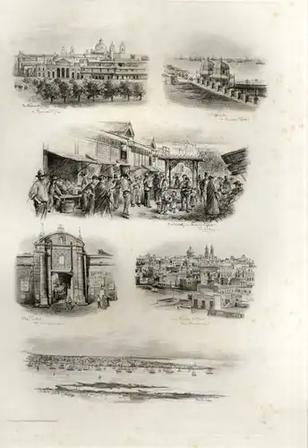 Photogravure Süd Amerika Ohlsen 1894, Zollhäuser u. Schiffshütte v. Buenos Aires, Kirche Montevideo