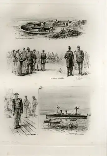 Photogravure Süd Amerika Ohlsen 1894, Festung vor Valparaiso, Kriegsschiff "Esmeralda", Soldaten