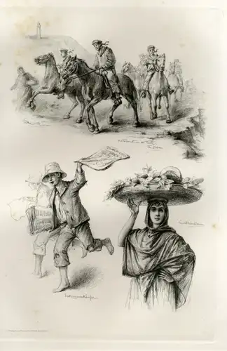 Photogravure Süd Amerika Ohlsen 1894, Matrosenritt an der Küste, Zeitungsverkäufer, Fruchthändlerin
