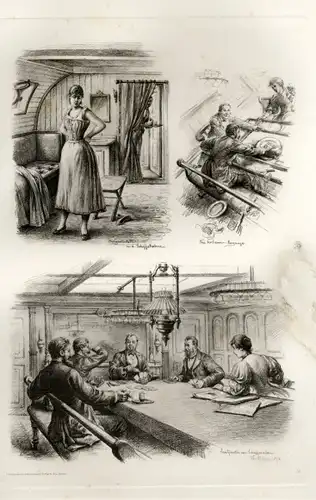 Photogravure Süd Amerika Ohlsen 1894, Morgentoilette in der Schiffskabine, Seegang, Skatpartie