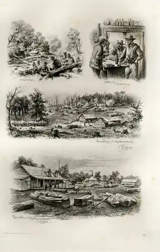Photogravure Süd Amerika Ohlsen 1894, Goldgräberlager u. Goldhandel in Punta Arenas, Sägemühle
