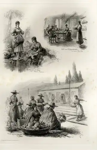 Photogravure Süd Amerika Ohlsen 1894, in einem Rancho, Wäscherinnen in Palmen-Quebrada, Bahnstation