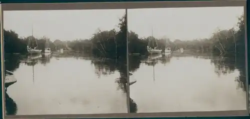 Stereo Foto Venezuela, 1914, Wasserpartie, Urwald, Dschungel, Schiffe