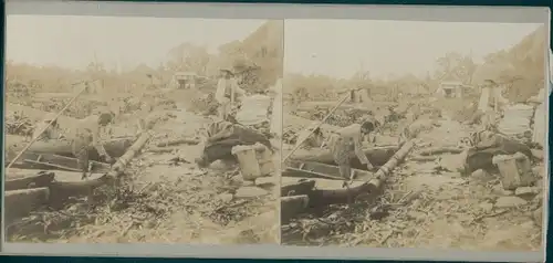 Stereo Foto Französisch-Guayana, Indianer, Indios, Dorfbewohner, Bootsanlegestelle, Weltreise 1914