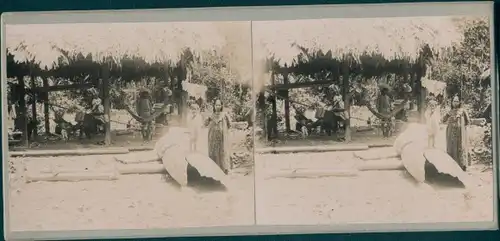 Stereo Foto Französisch-Guayana, Dorfpartie, Mutter mit Kind, Hängematte, Weltreise 1914