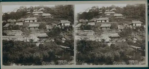 Stereo Foto Französisch-Guayana, Strohhütten, Dorfpartie, Weltreise 1914