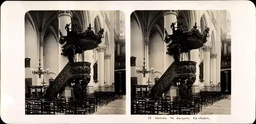 Stereo Foto Antwerpen Anvers Flandern, St. Jacques, La chaire