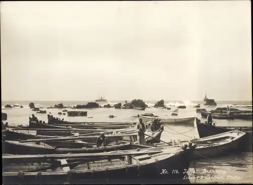 Foto Tel Aviv Jaffa Israel, Brandung, Boote im Hafen, Lehnert & Landrock No. 114