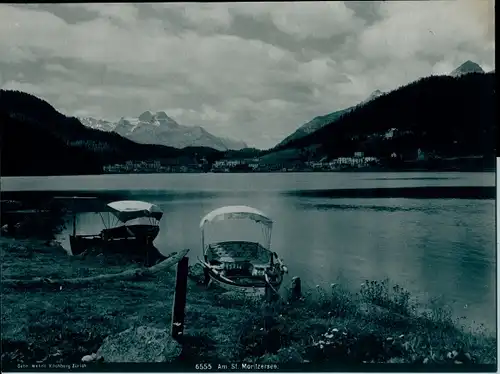 Foto Sankt Moritz Kanton Graubünden, St. Moritzersee, Boote, Gesamtansicht
