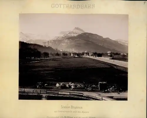 Foto um 1883, J. Linck, Brunnen Kt Schwyz, Gotthardbahn, Bahnhof, Urirothstock, Bauen