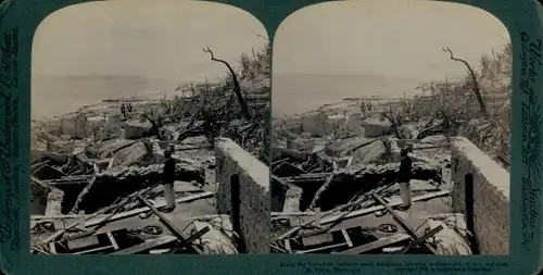 Stereo Kabinettfoto Saint Pierre Martinique, Zerstörungen nach Vulkanausbruch 1902 ?