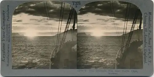 Stereo Foto Norwegen, Nordkap, Sonnenuntergang, Segelschiff