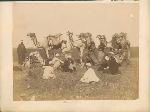 Fotografie einer Karawane, Gruppe von Männern und Jungen mit ihren Kamelen bei Port Said
