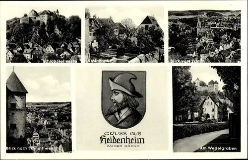 Ak Heidenheim an der Brenz Württemberg, Schloss Hellenstein, Wedelgraben, Schnaitheim, Wappen