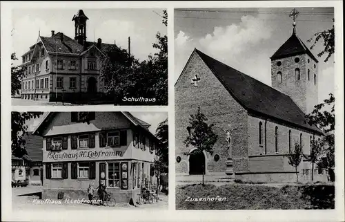 Ak Zusenhofen Oberkirch Baden Württemberg, Kirche, Schule, Kaufhaus H. Lebfromm